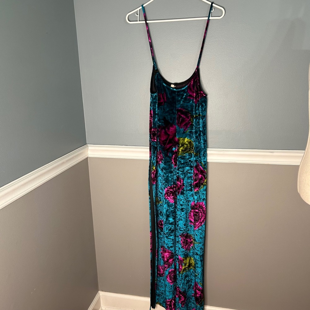 K TOO Teal Crushed Velvet Floral Rose overall romper Spaghetti Strap Side Slit M